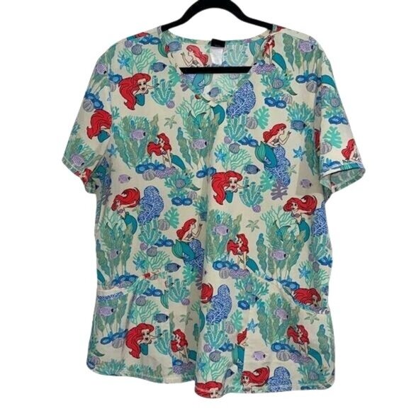 Disney Ariel Little Mermaid Scrub Top 2X  V-Neck Short Sleeve - Picture 1 of 6